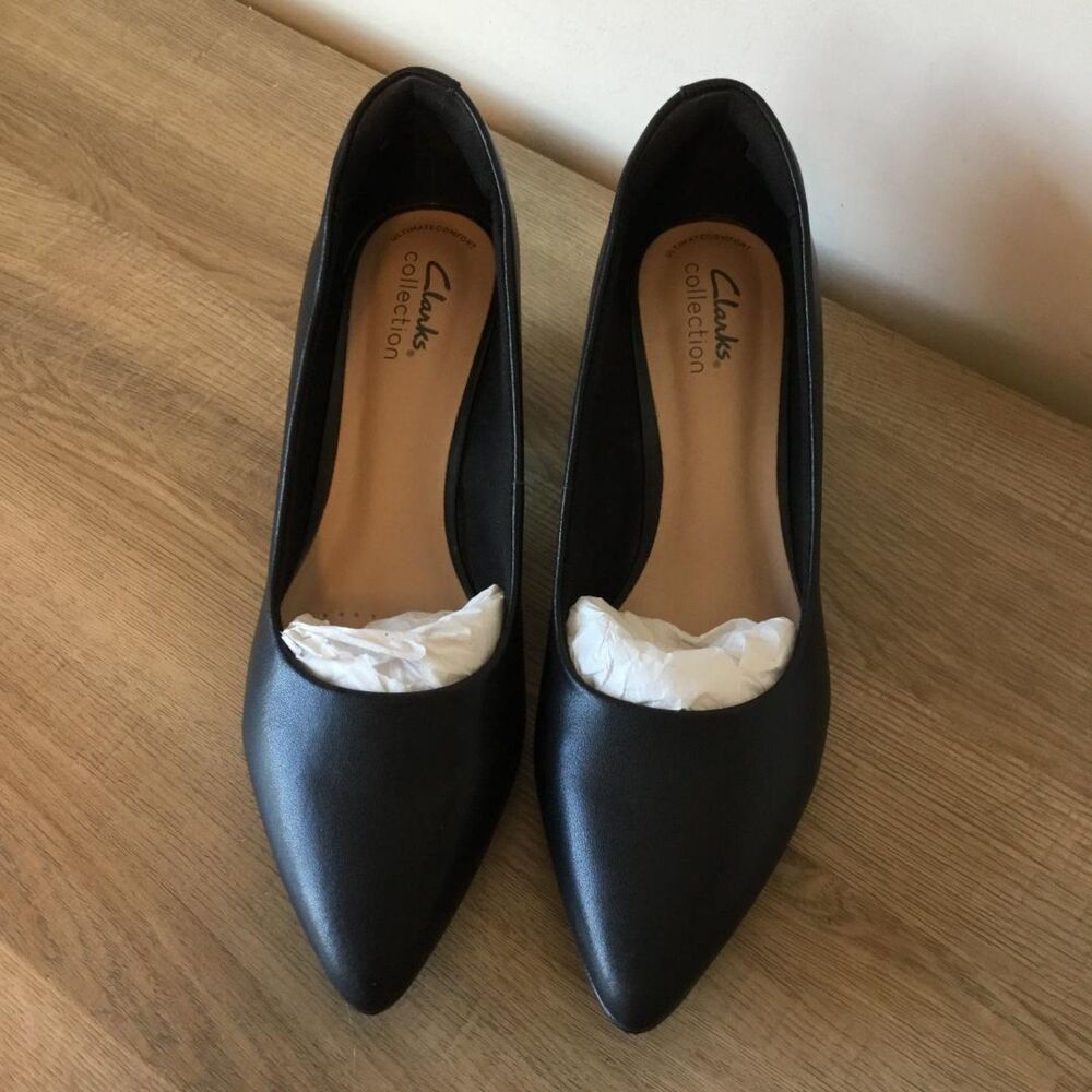 Clarks Ladies Teresa Step Black Leather Shoes Pumps 2" Heels 8M NEW